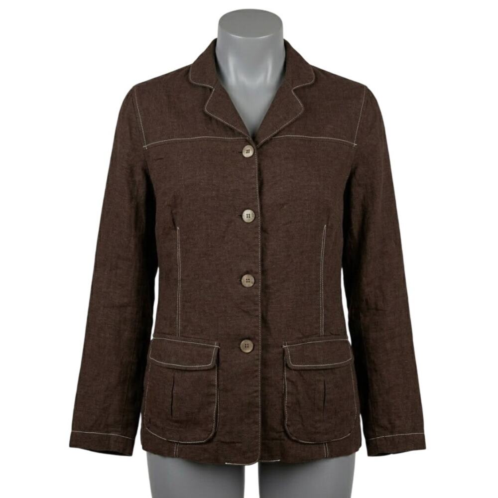 CC Couture Jacket Size M Brown Button Up Linen Blend Earthy Neutral Layering